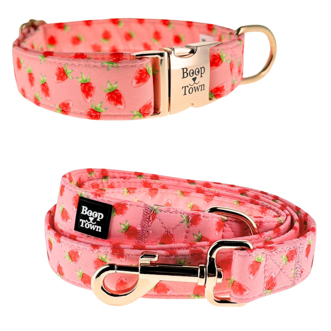 Boop Town Dog Collar & Leash Sets featuring a pink strawberry design and gold accents.