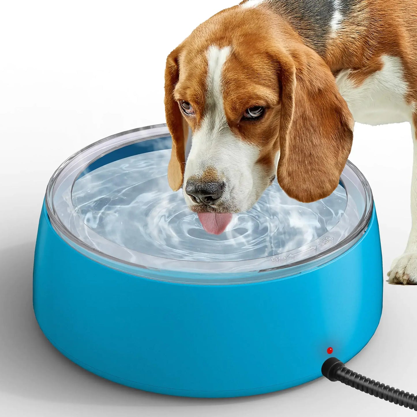 SmartHeat 3L Pet Heated Water Bowl in use by a beagle, with flowing water, designed to prevent freezing.