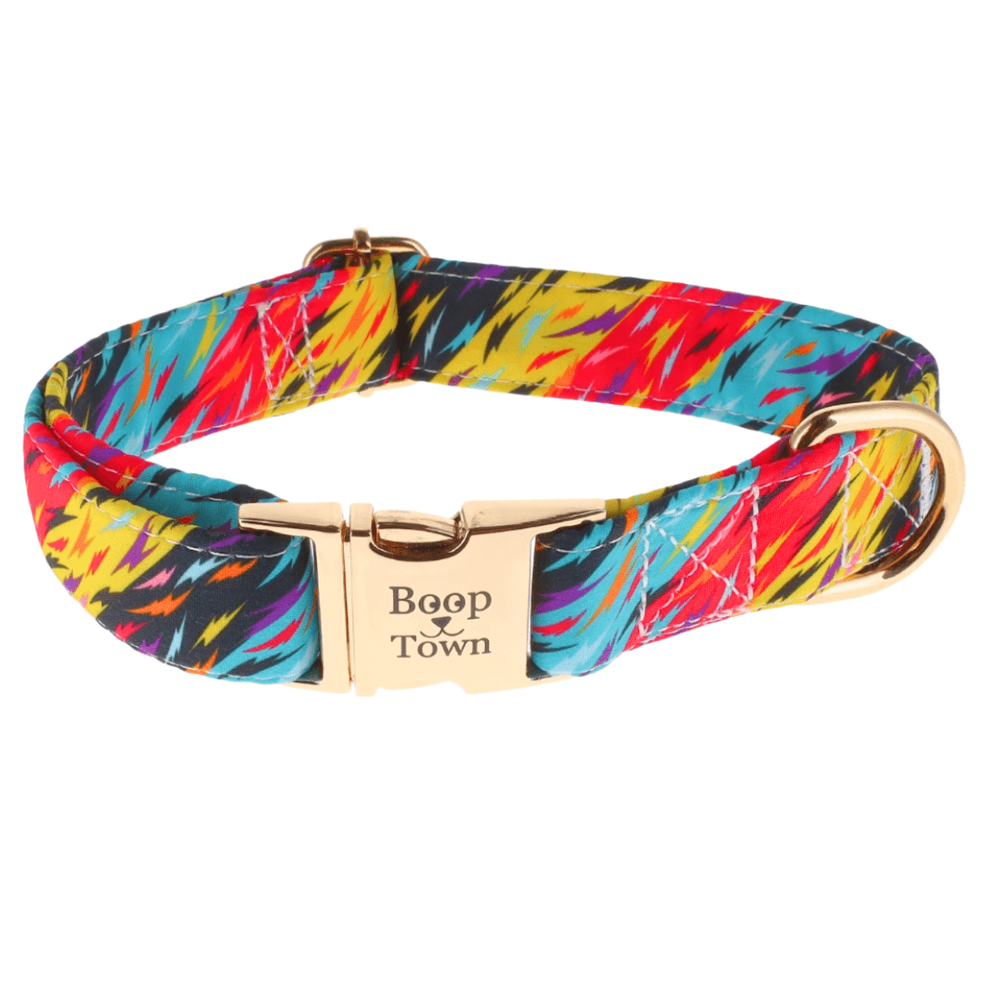 Boop Town Durable Soft Comfortable Cotton Dog Collars featuring a colorful zigzag pattern and gold hardware.