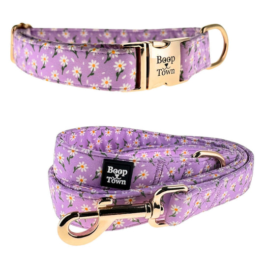 Boop Town Dog Collar & Leash Sets featuring floral design with gold hardware for stylish pet adventures.