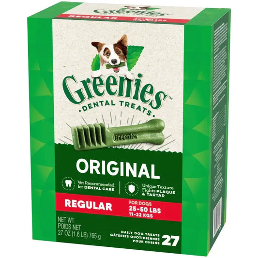 GREENIES Original Regular Dental Treats package with green color and dental care information for dogs.