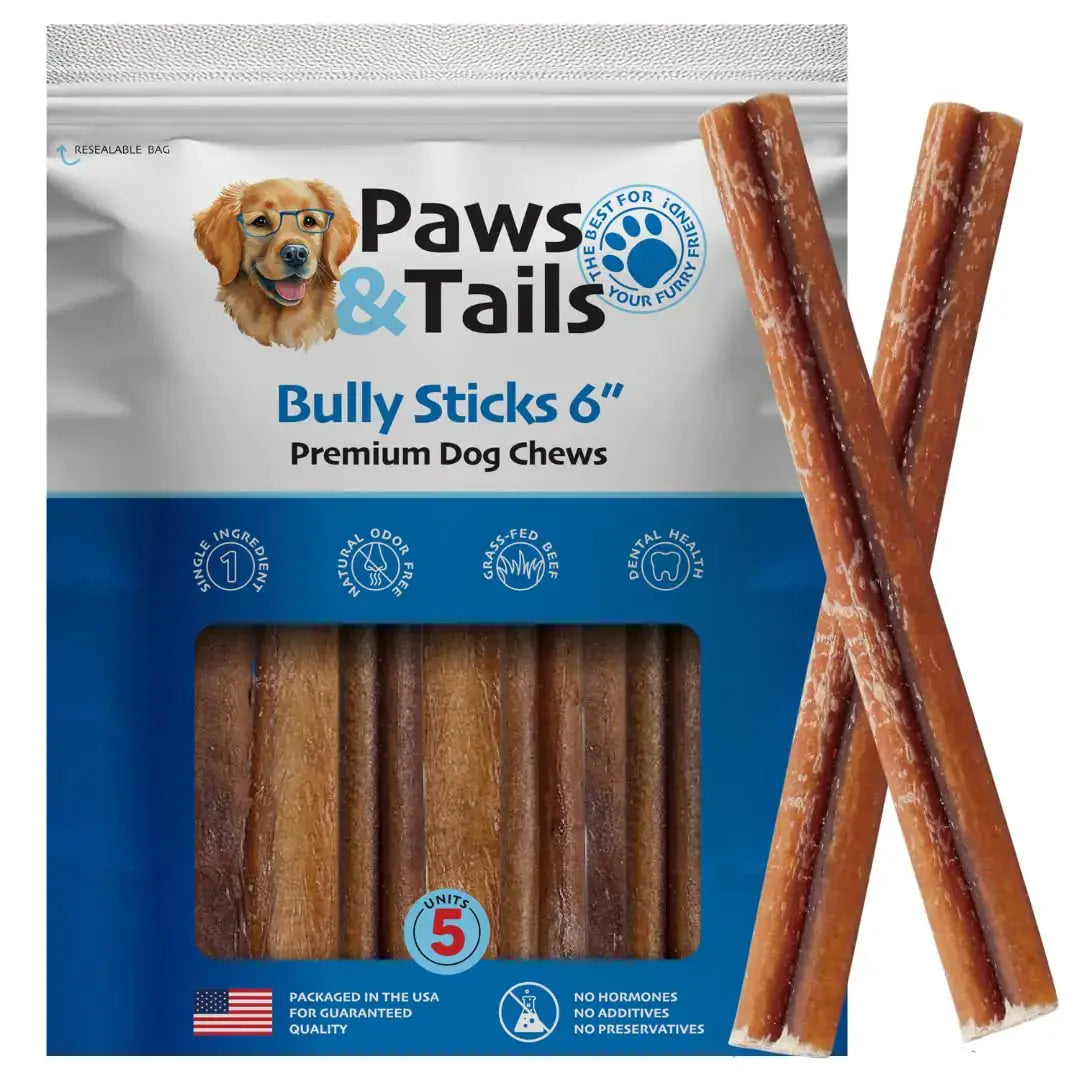Odorless beef bully sticks in a resealable bag, premium 6-inch dog chews for healthy teeth and gums.