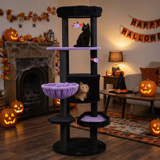 60" Gothic Cat Tower with Coffin Bed & Spider Toys
