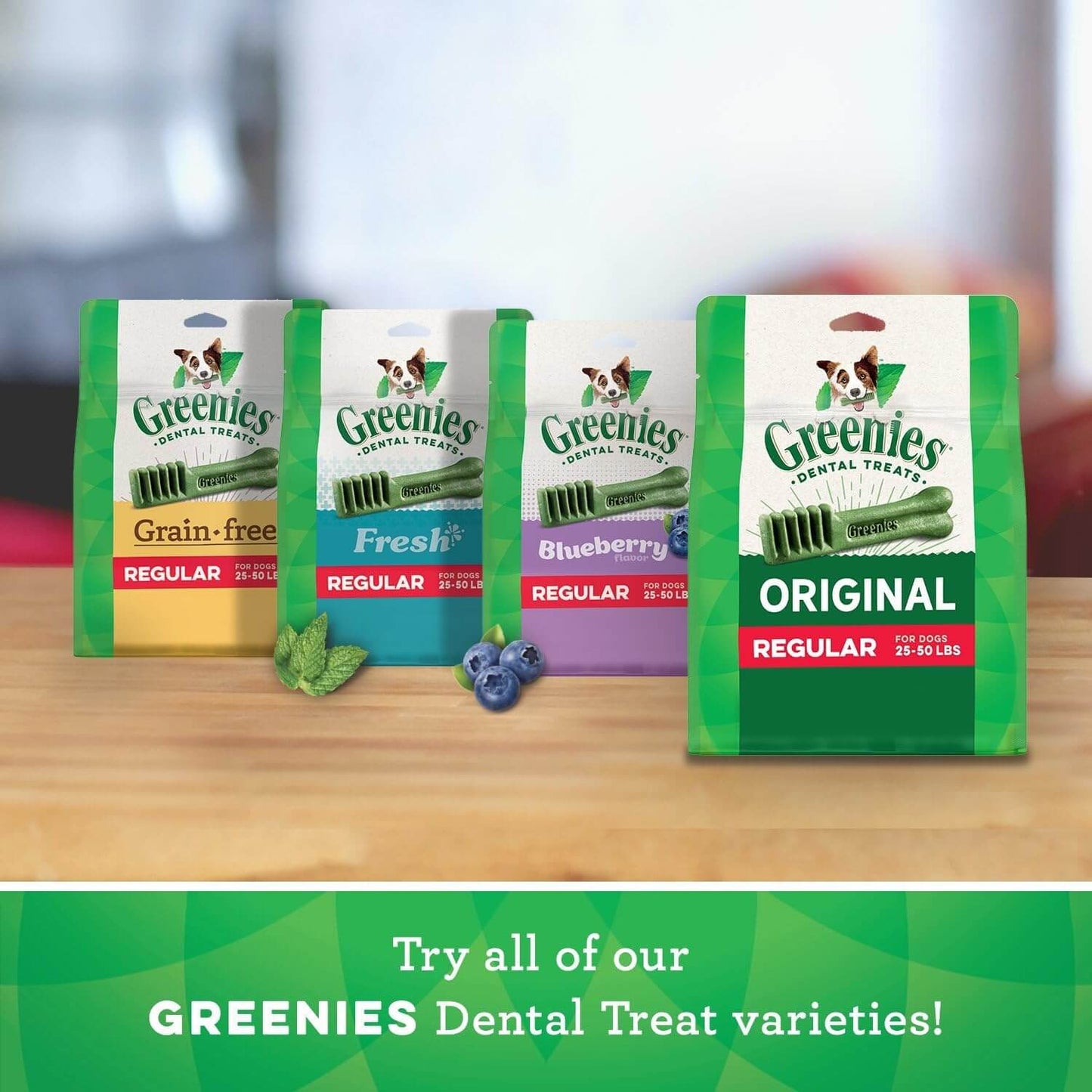 GREENIES Original Large Dental Treats product variety display with grain-free, fresh, blueberry flavors.