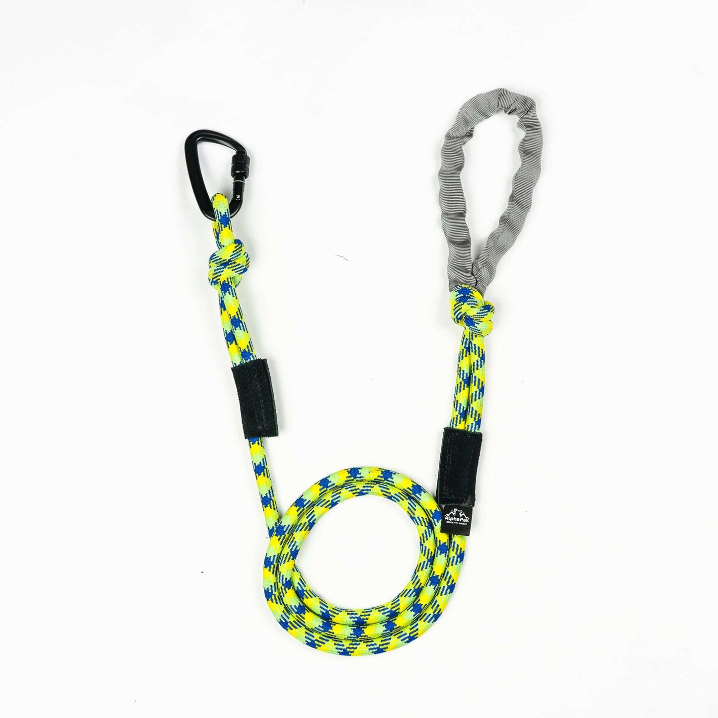 Kernmantle Climbing Rope Dog Leash in vibrant blue and yellow colors with a durable clip and padded handle.