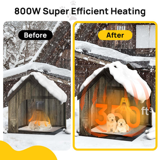 Image showing the Neighborhood DH800A Dog House Heater's 800W super efficient heating before and after usage.