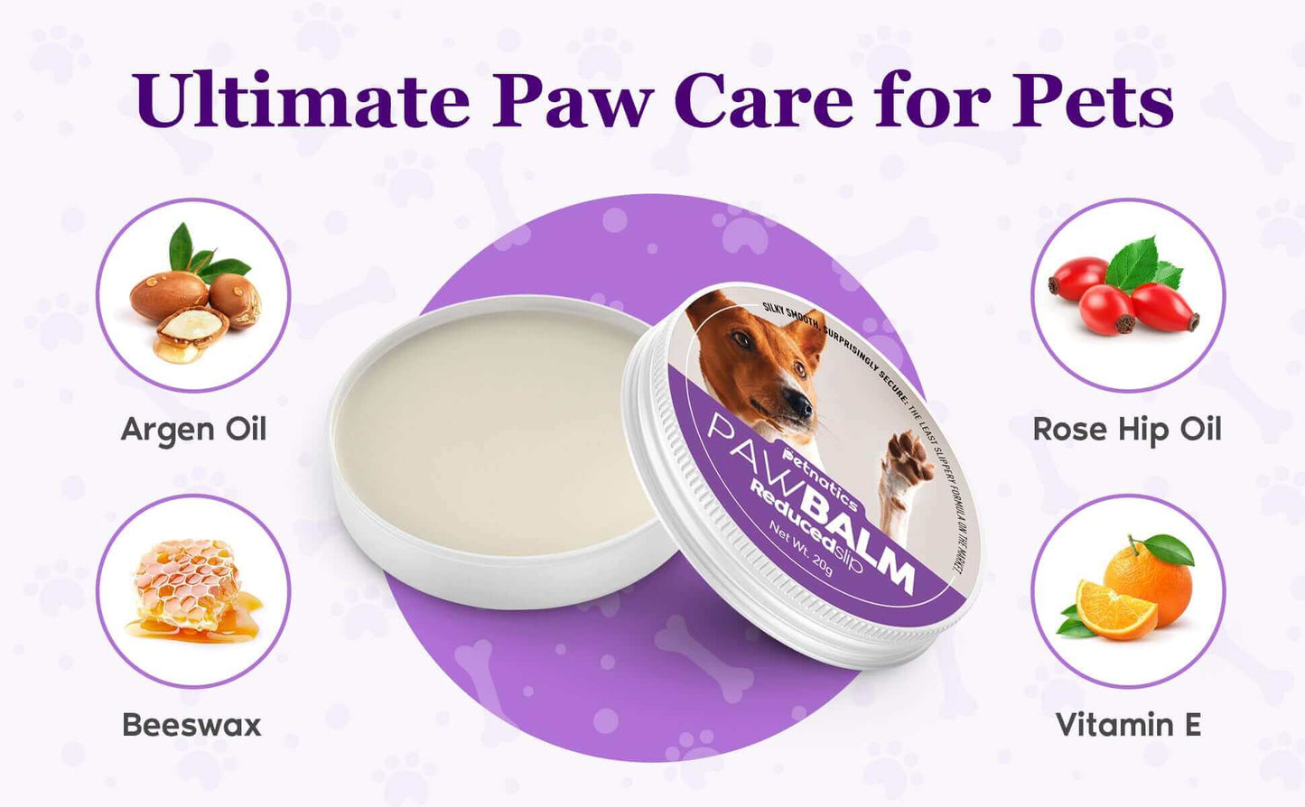 PawBalm Reduced Slip Dog Paw Balm in a container surrounded by natural ingredients like Argan Oil, Beeswax, and Vitamin E.