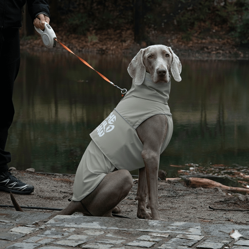 Wild Paw's WildGuard Rain Coat for Dogs worn by a gray dog by the water on a rainy day.