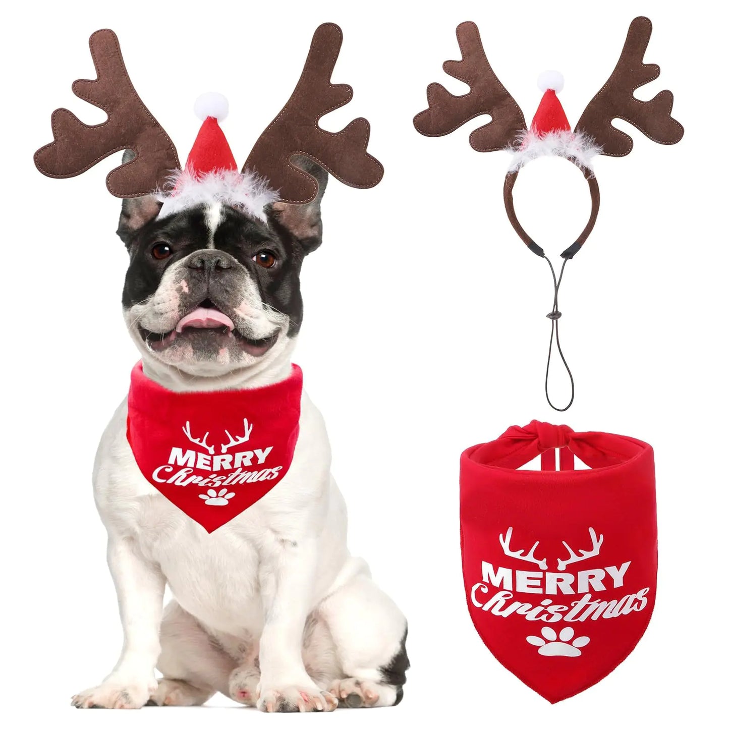 Dog Christmas Reindeer Antler Headband with Santa Hat and Merry Christmas Bandana