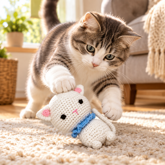 Cat playing with the Kitty Purry crocheted cat toy