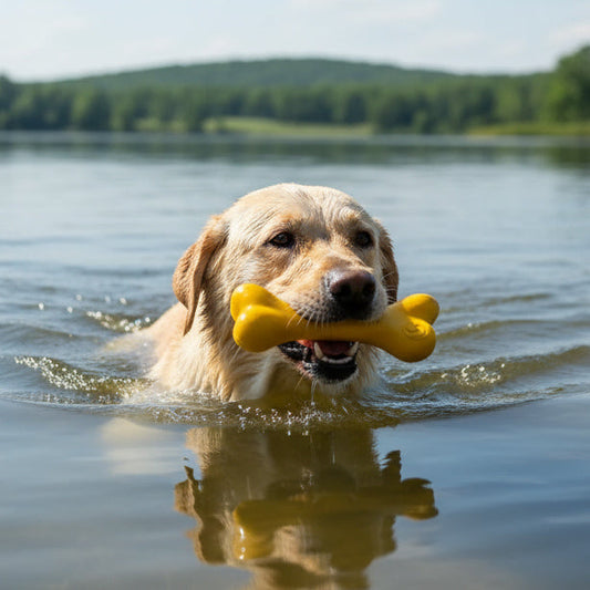 Dog swimming with PUP-X durable rubber dog chew toy in its mouth at a lake.