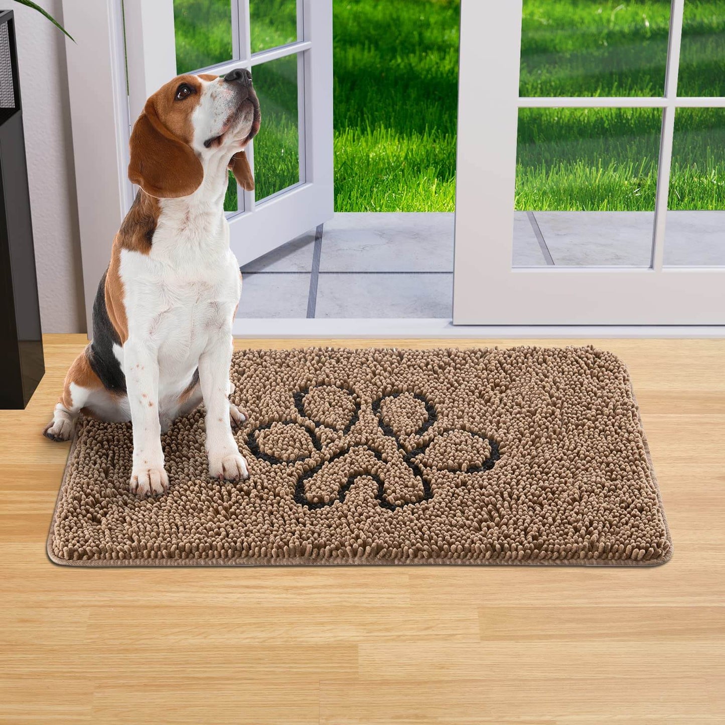 Chenille Absorbent Indoor Mat 30x48 - Non Slip Washable with a dog sitting on it by the door.