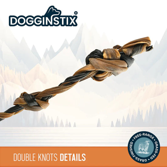 Dogginstix Braided Lamb Collagen Dog Chew with double knots, ideal for dogs' dental and joint health.