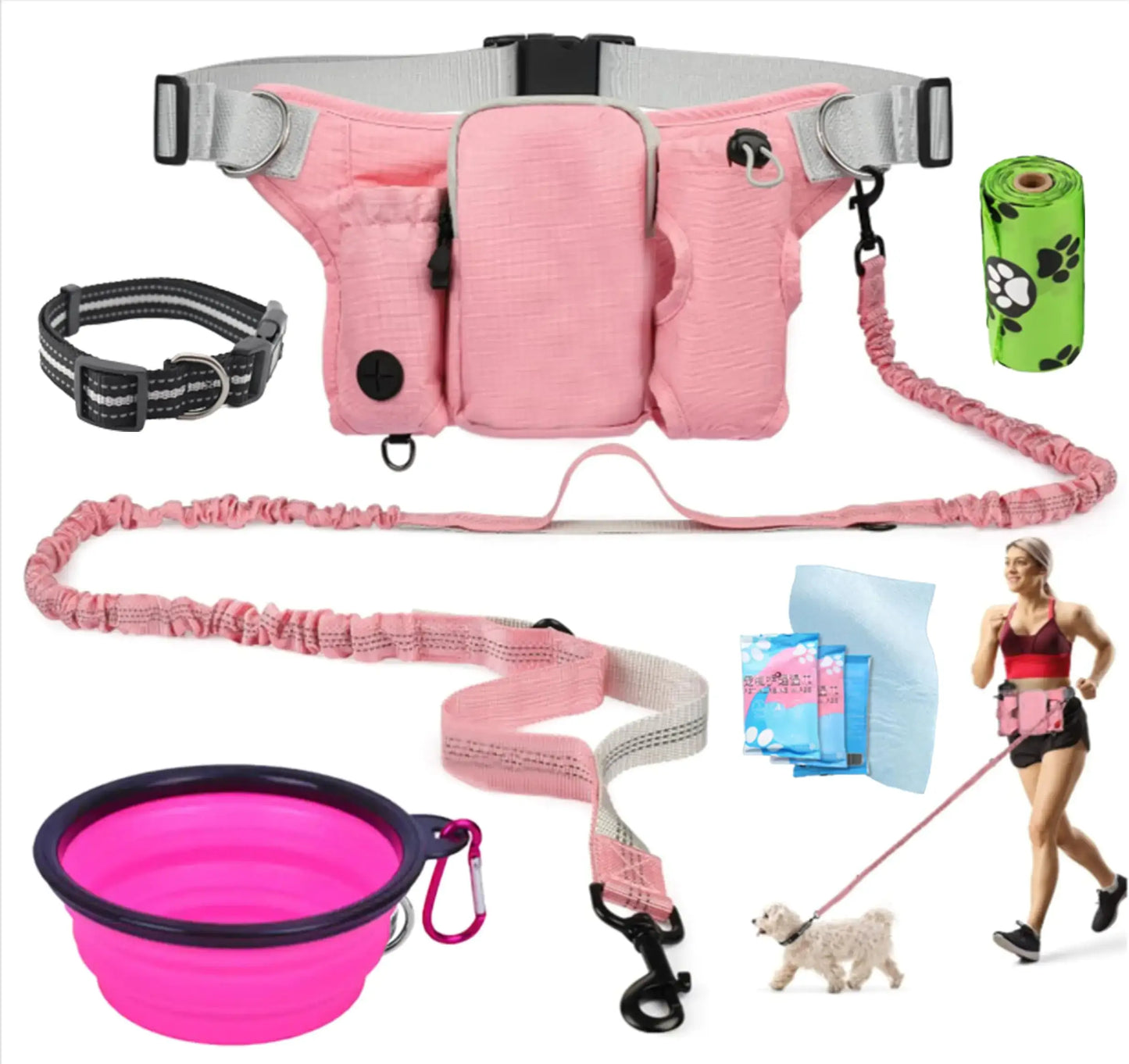 Hands Free Dog Leash with Fanny Pack, pink dog accessories including leash, bowl, collar, and bags.