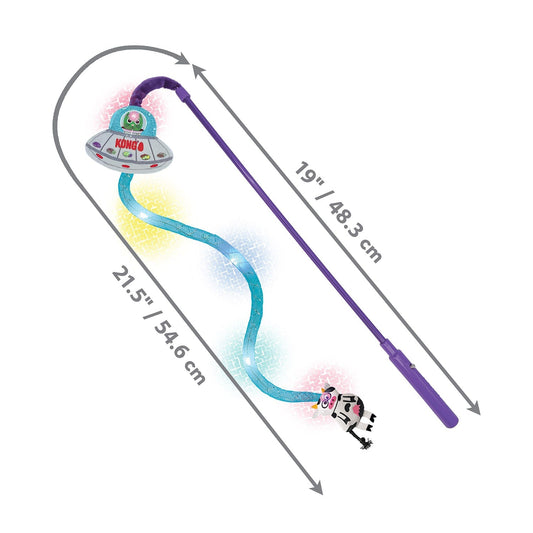 KONG UFO Light-Up Teaser Cat Toy featuring colorful lights, interactive design, and cow character for fun playtime. light-up cat teaser toy.