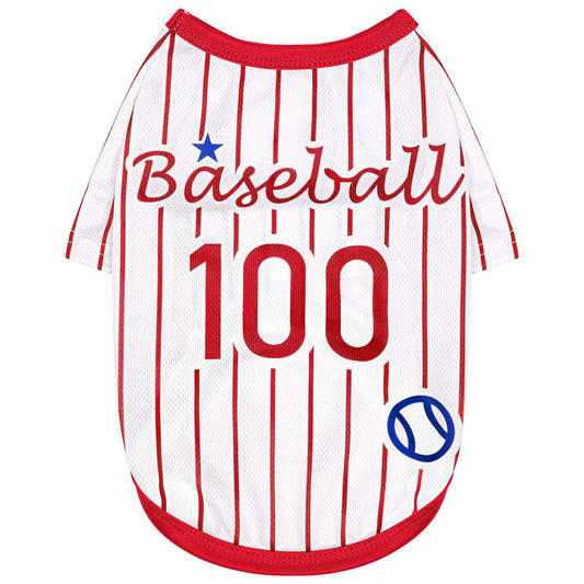 Baseball Dog Shirt Lightweight in red and white with pinstripes and the number 100, perfect for stylish dogs.