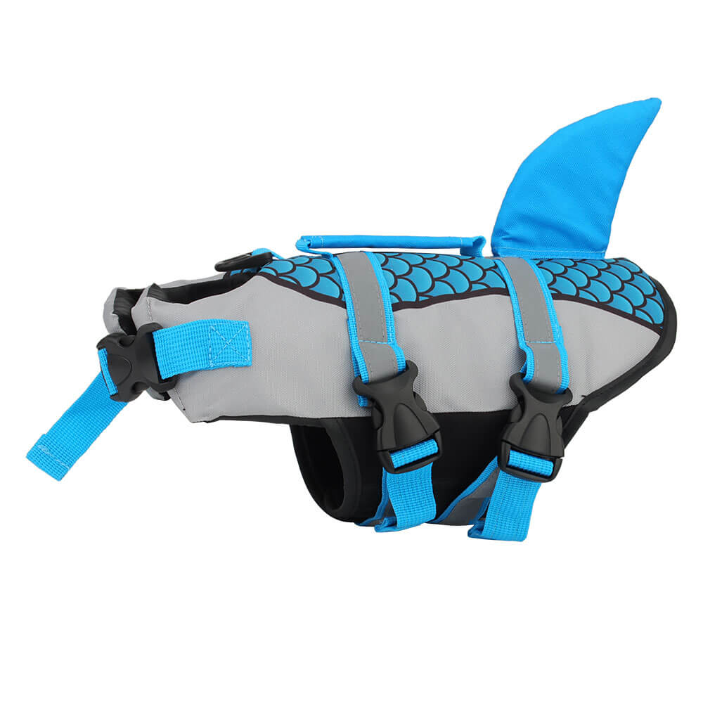 Dog Shark Life Jacket Vest Swim with blue detailing and shark fin design for pet safety in water.