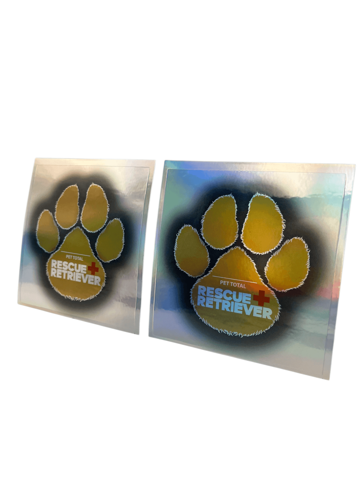 Two holographic stickers featuring the Rescue+Retriever logo and paw print design.