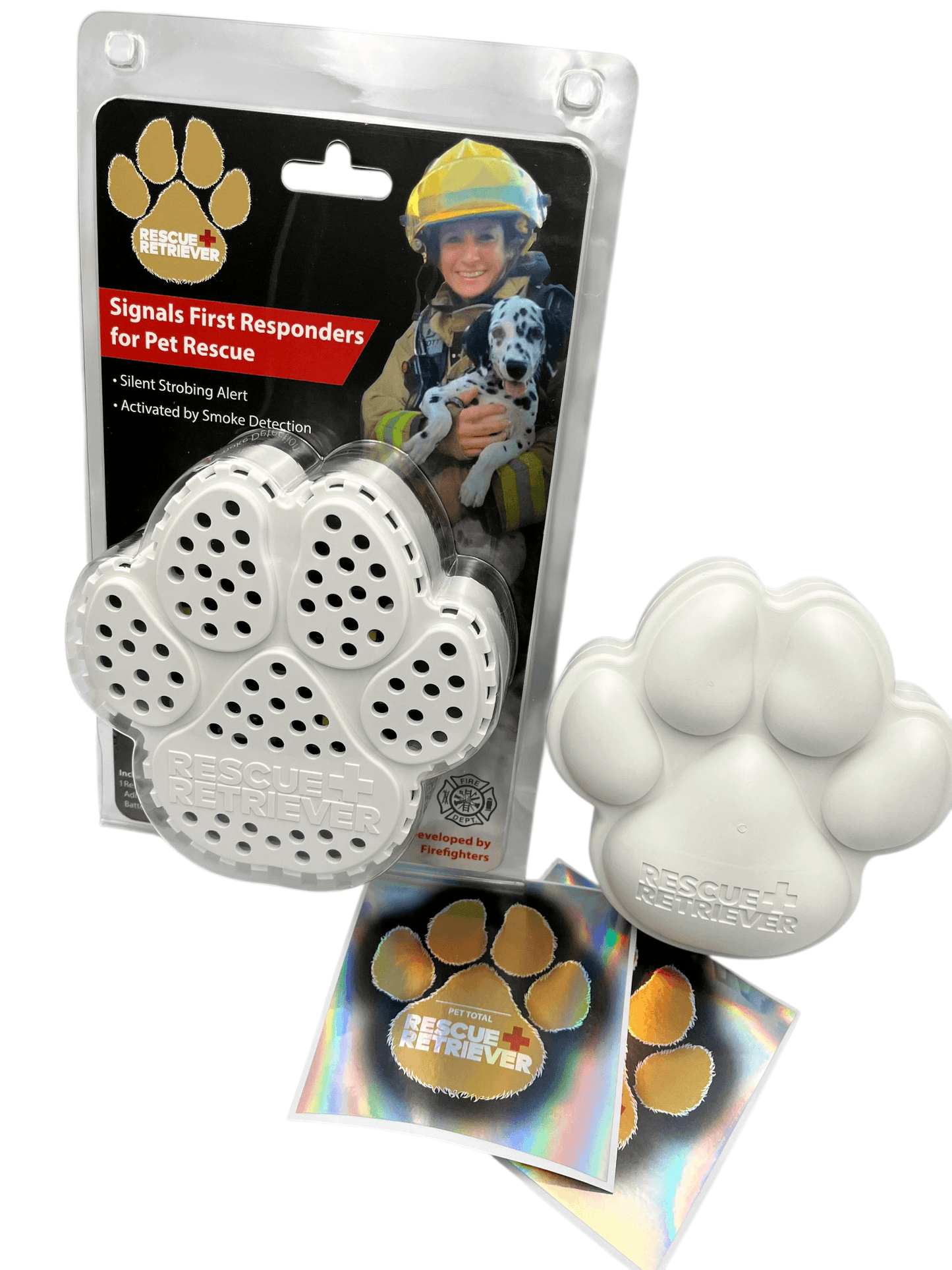 Rescue+Retriever Pet Smoke Detector Safety Bundle with pet rescue device and stickers.