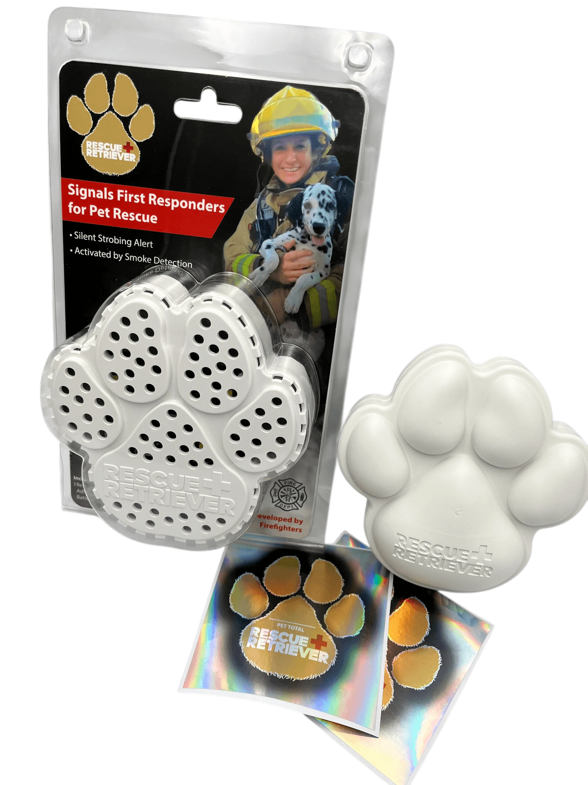 Rescue+Retriever Pet Smoke Detector Safety Bundle with pet rescue device and stickers.