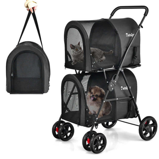 Poussette double 4-en-1 pour animaux de compagnie avec porte-bébé détachable et landau de voyage