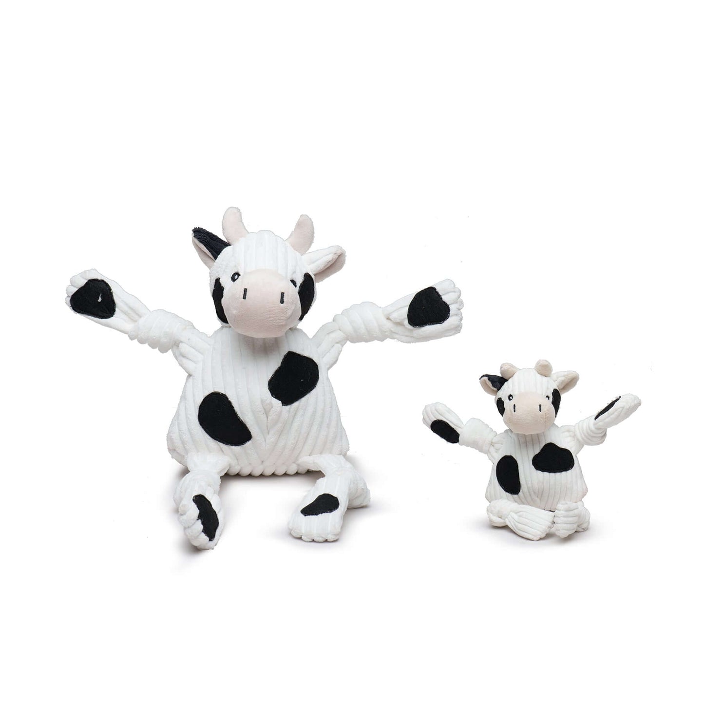 Dottie Cow Knottie Plush Dog Toy - adorable knotted plush toy for dogs in cow design, available in two sizes.