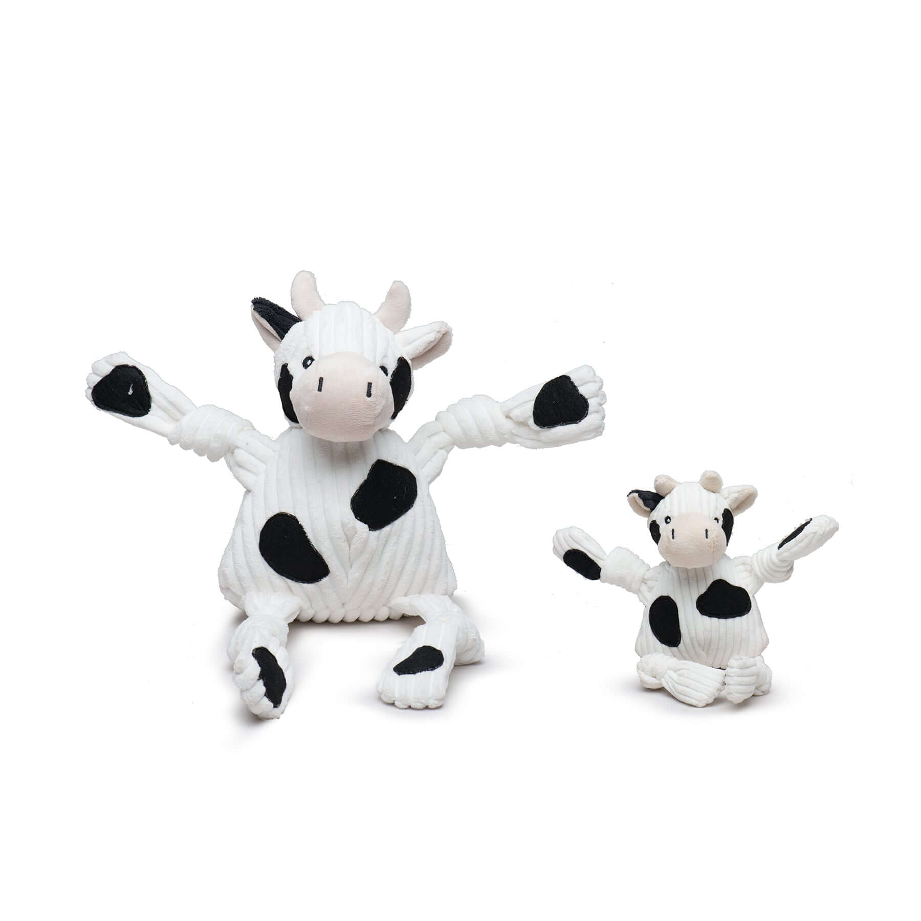 Dottie Cow Knottie Plush Dog Toy - adorable knotted plush toy for dogs in cow design, available in two sizes.