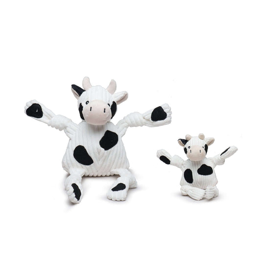 Dottie Cow Knottie Plush Dog Toy - adorable knotted plush toy for dogs in cow design, available in two sizes.