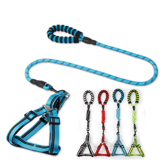 Dog Leash and Chest Harness in blue, featuring various colors of chest straps and traction ropes.