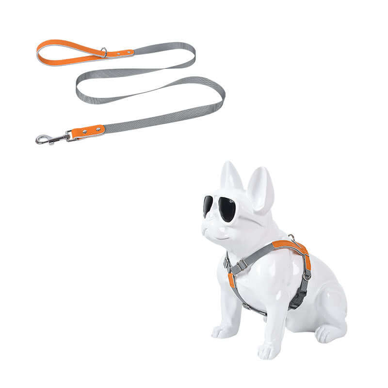 Leather Dog Harness Leash Set displayed on a white dog figurine wearing sunglasses with an attached orange and gray leash.