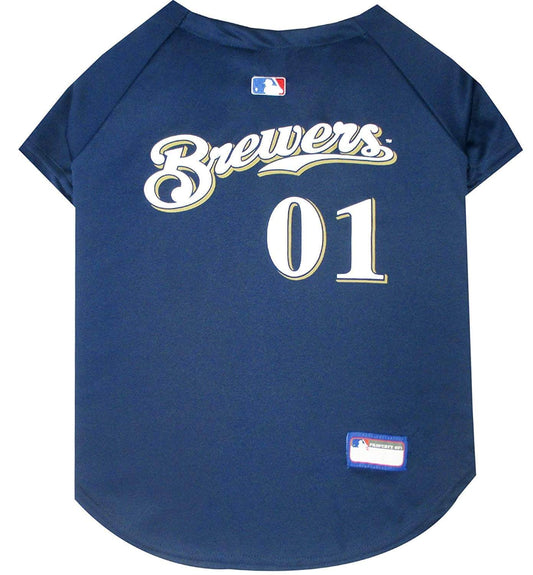 MLB Milwaukee Brewers Dog Medium Jersey - Team Spirit Furry Fan Gear, blue jersey with 'Brewers' and number '01'.