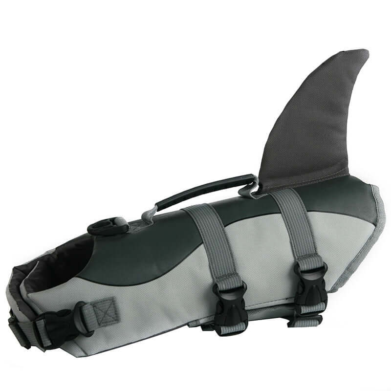 Dog Swimming Life Vest Adjustable Life Jacket Mermaid Shark with a shark fin design and adjustable straps.