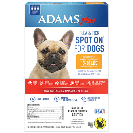 Adams Plus Medium Dog Flea & Tick Defense, 15-30 lbs, 3-Month Kit