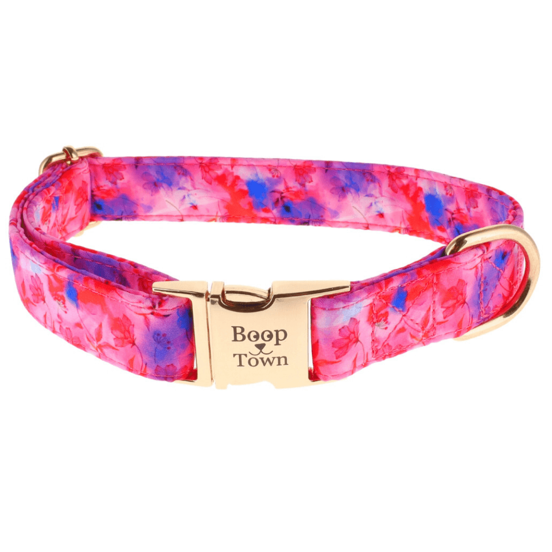 Boop Town Durable Soft Comfortable Cotton Dog Collars in pink floral design with gold hardware.
