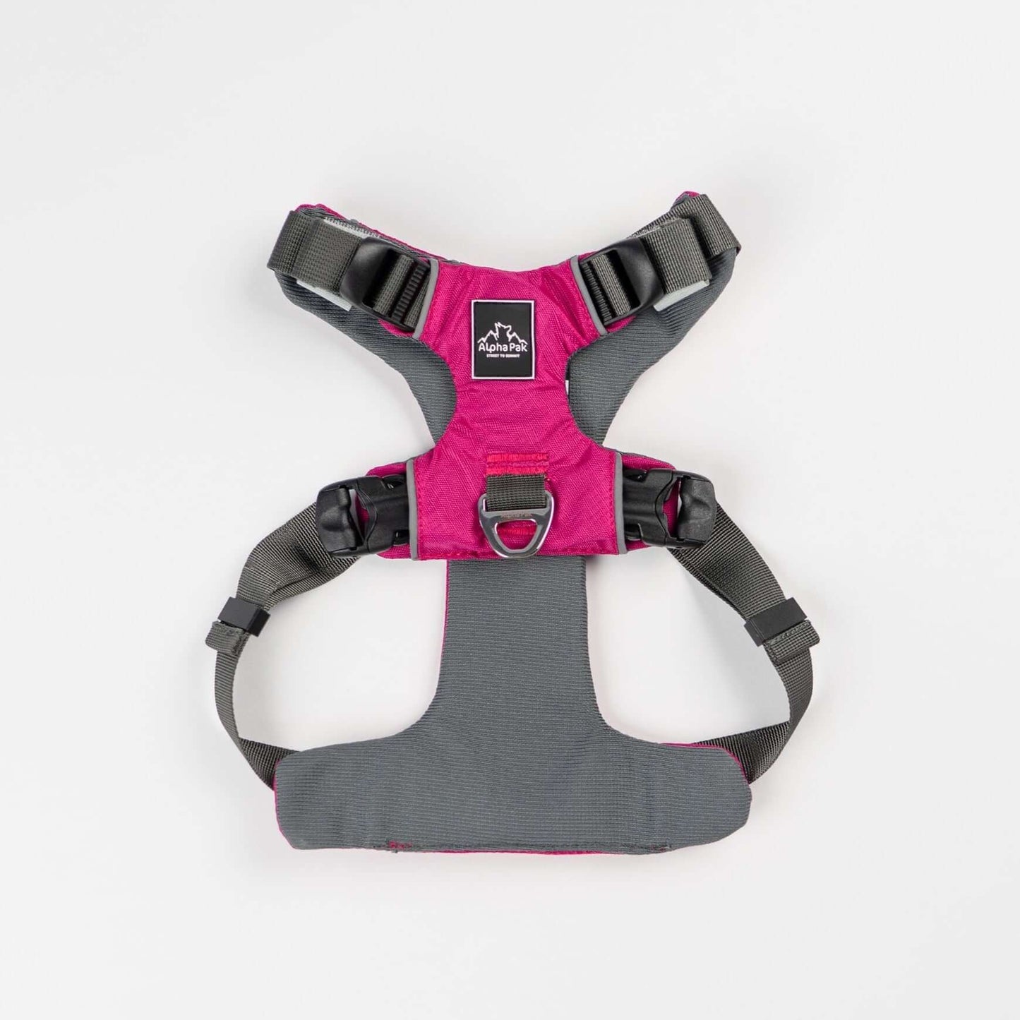 Everyday Adventure Dog Harness in pink and gray with EZ Fit straps and buckles for quick adjustments.