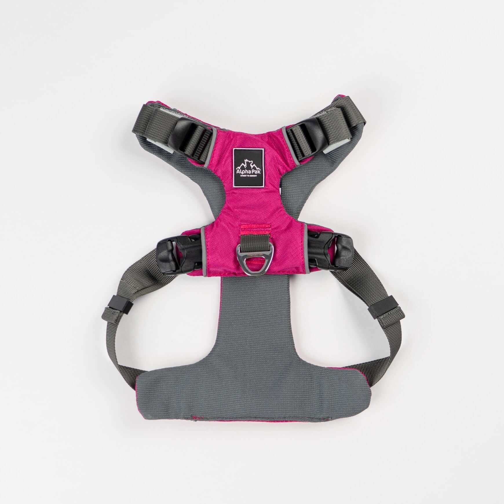 Everyday Adventure Dog Harness in pink and gray with EZ Fit straps and buckles for quick adjustments.