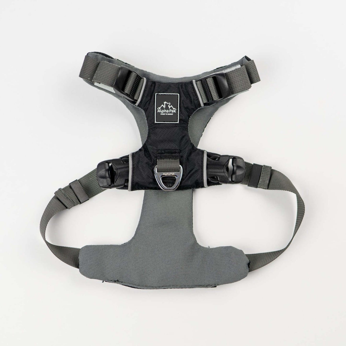 Everyday Adventure Dog Harness in black and gray with EZ Fit™ Straps and Buckles for secure adjustments.