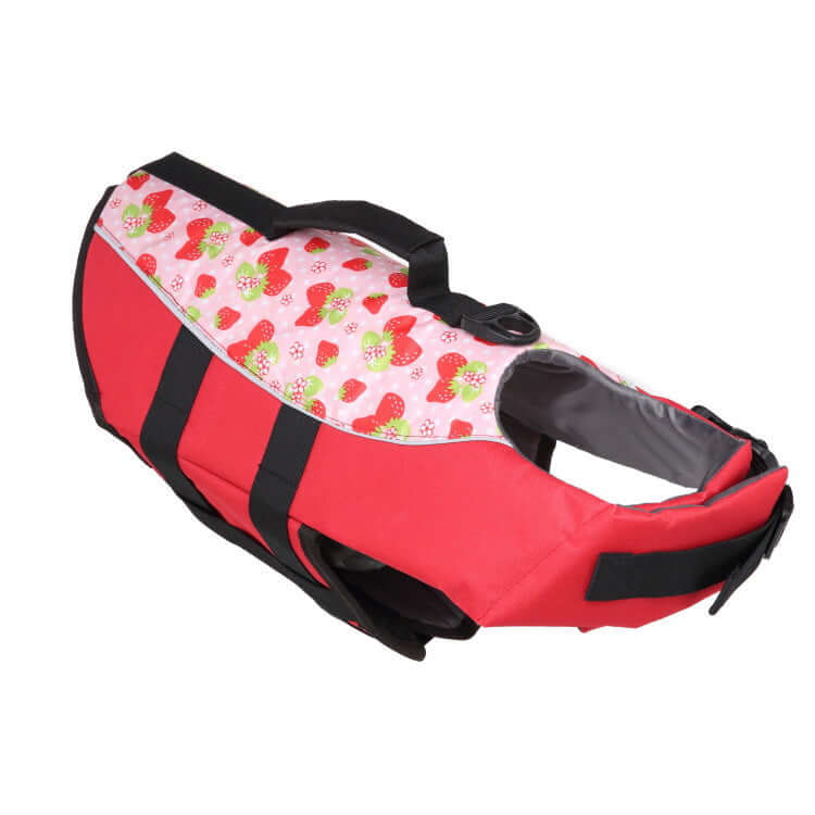 Dog Swimming Life Vest Adjustable Life Jacket Mermaid Shark in red with strawberry pattern design.