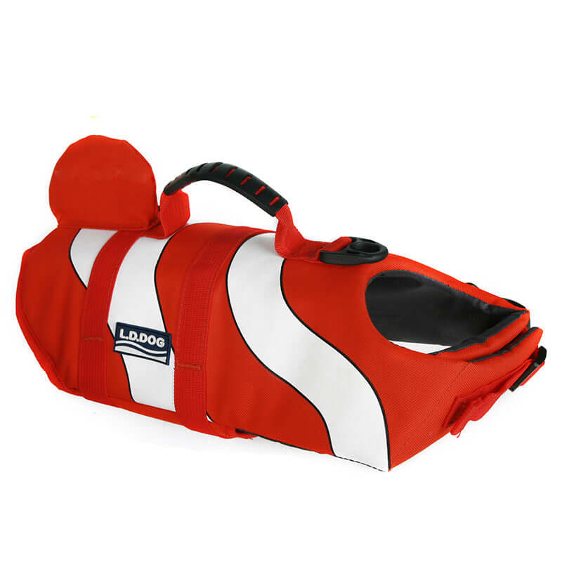 Dog Swimming Life Vest Adjustable Life Jacket Mermaid Shark in bright red with white stripes and handle.