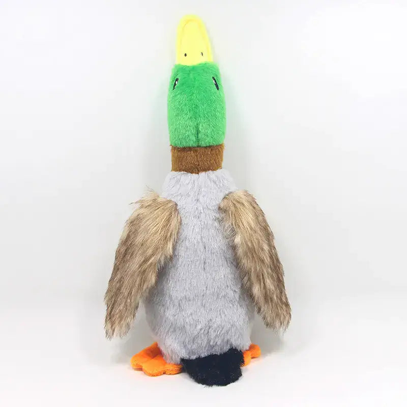 Plush Squeaking Duck Sound Toy for dogs, 28cm tall, with soft green head, brown neck, and furry wings.