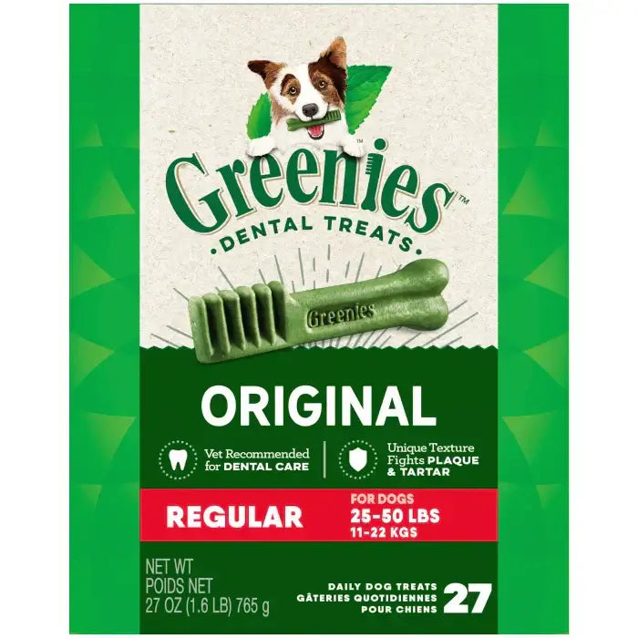 GREENIES Original Regular Dental Treats packaging with a dog and green dental chews for clean teeth and fresh breath.