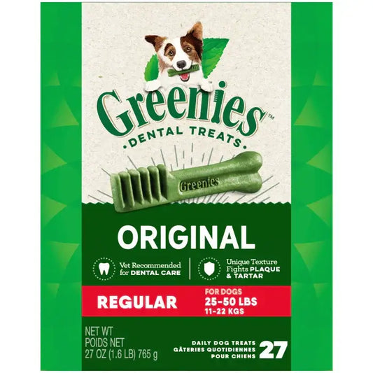 GREENIES Original Regular Dental Treats packaging with a dog and green dental chews for clean teeth and fresh breath.