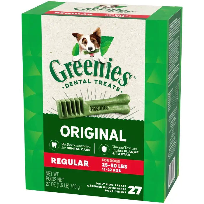 GREENIES Original Regular Dental Treats package with green color and dental care information for dogs.