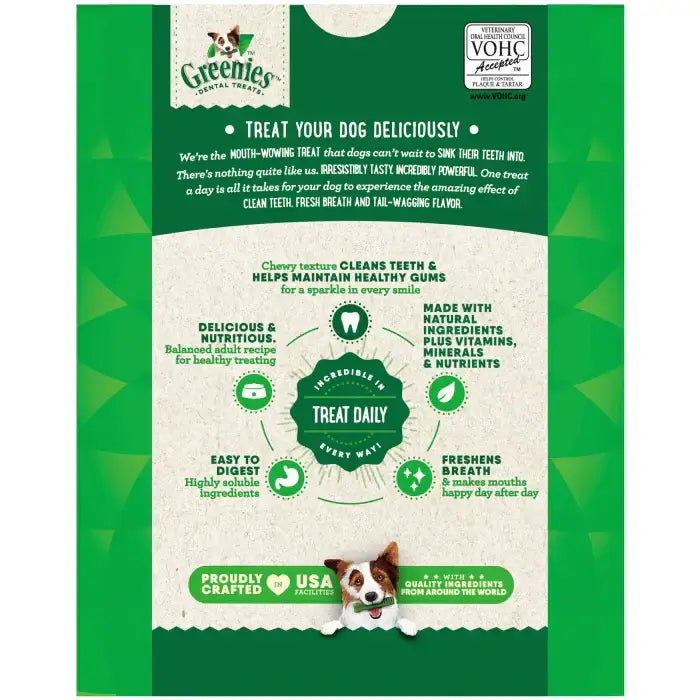 GREENIES Original Regular Dental Treats package showcasing dental benefits and ingredients for dogs.