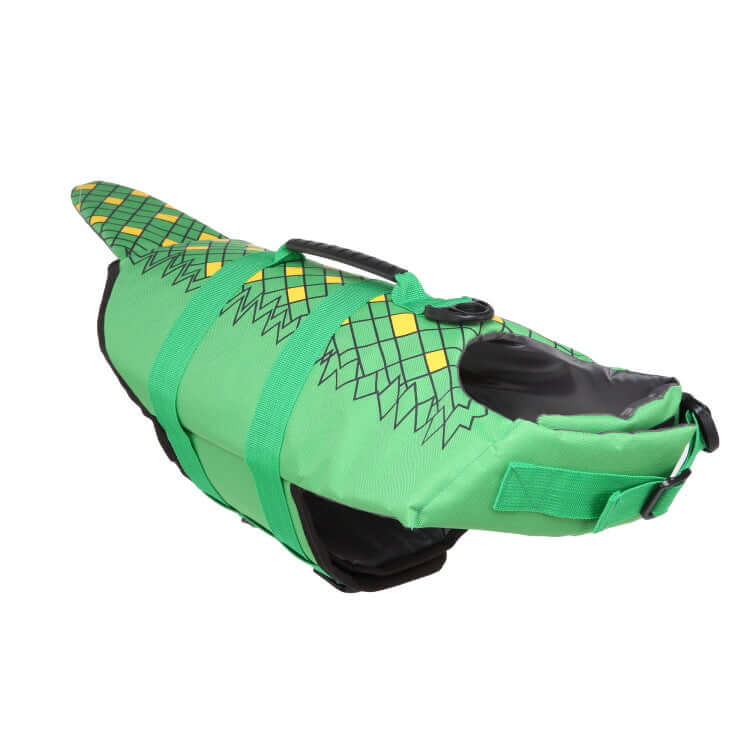 Dog Swimming Life Vest Adjustable Life Jacket Mermaid Shark in green with unique design and straps for safety.