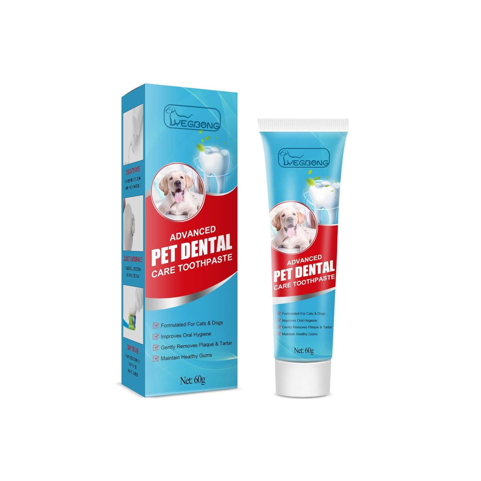 Dog edible toothpaste for oral care and fresh breath in a tube with packaging, designed for pet dental hygiene.