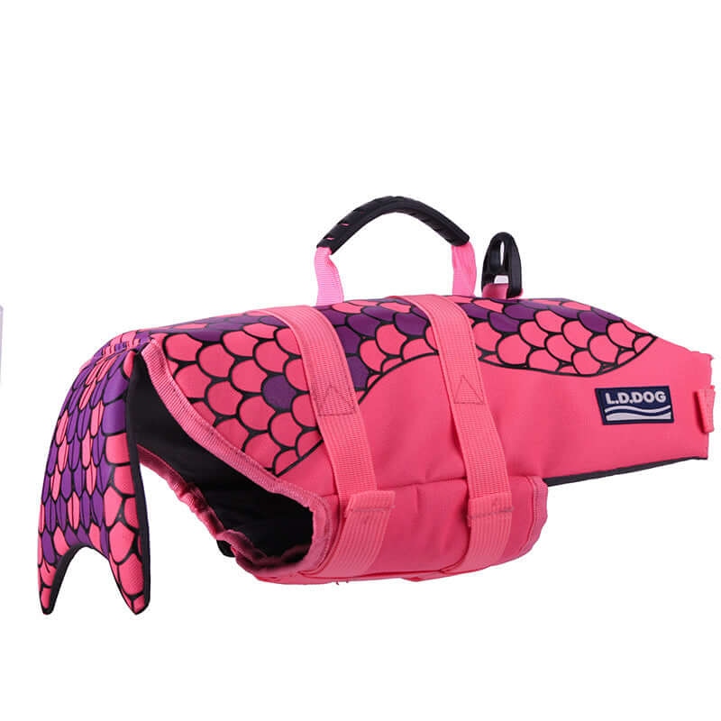 Dog Swimming Life Vest Adjustable Life Jacket Mermaid Shark in pink with fish scale design for safety and style.