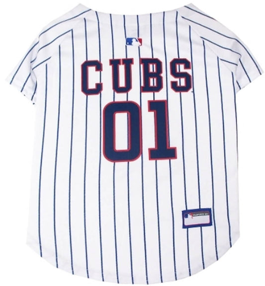 Chicago Cubs-MLB-Dog Jersey with pinstripes and Cubs logo.