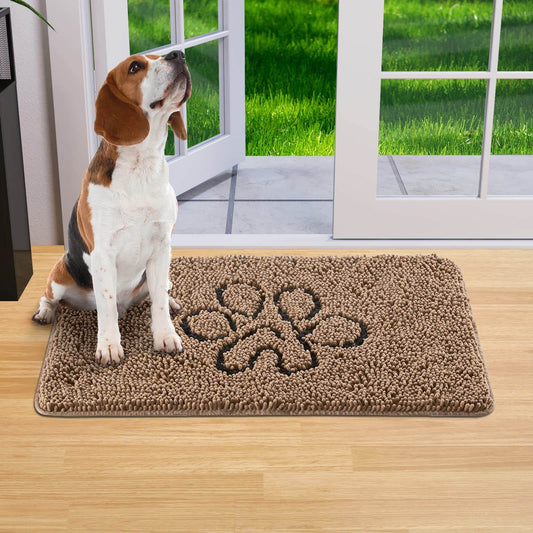 Chenille Absorbent Indoor Mat 30x48 - Non Slip Washable with a dog sitting on it near a doorway.