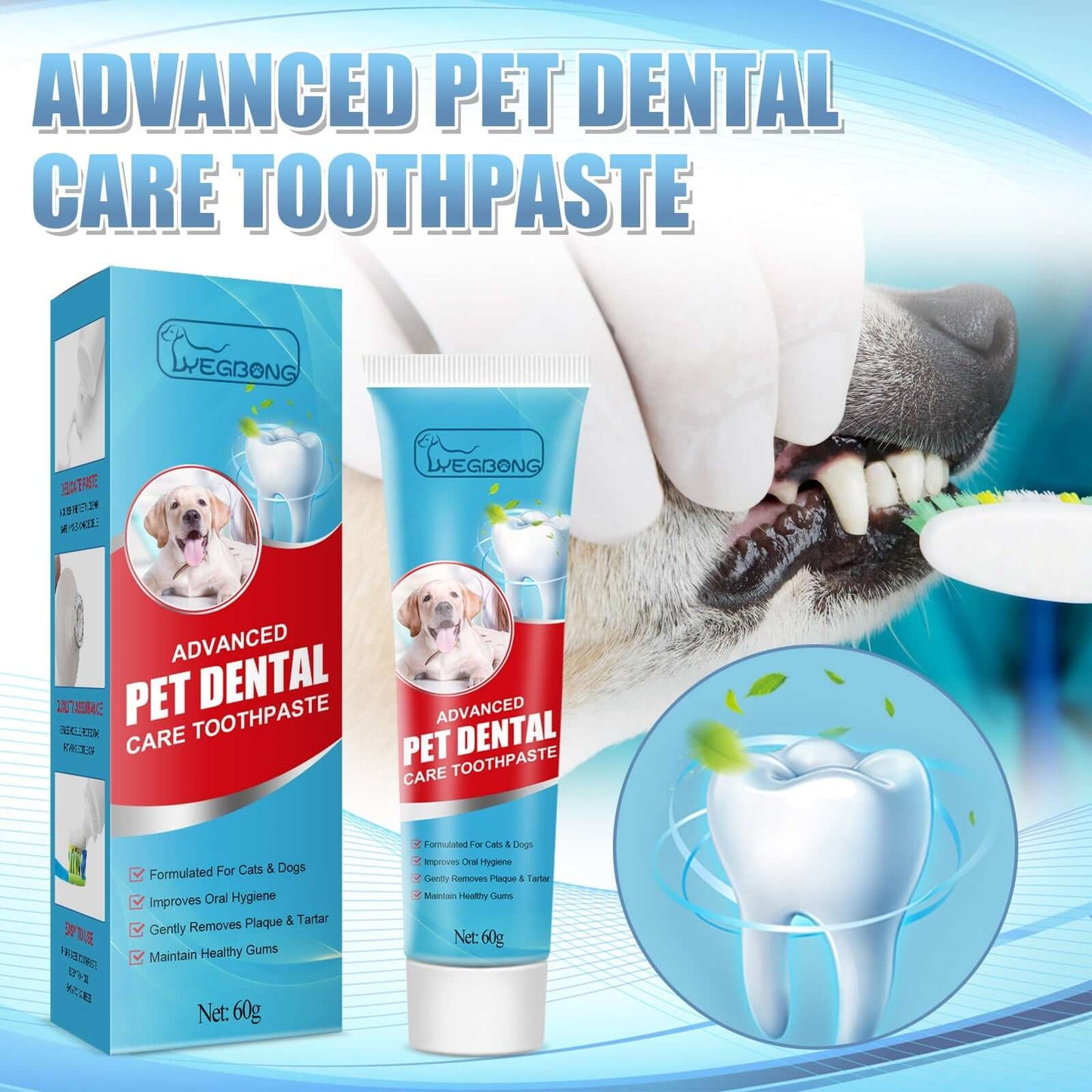 Dog Edible Toothpaste for Oral Care and Fresh Breath in packaging with dental graphic.